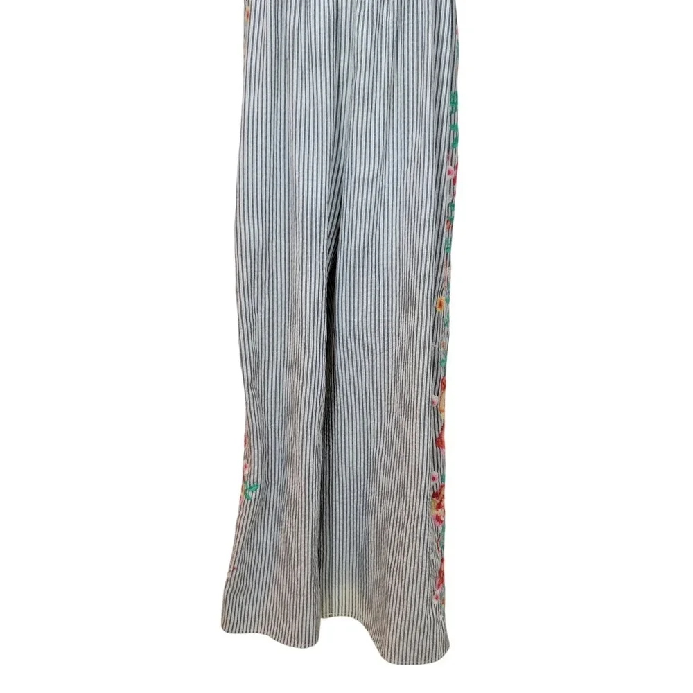 Savanna Jane Pinstripe Floral Embroidered Wide Leg Jumpsuit Large Boho Beach - Picture 3 of 13